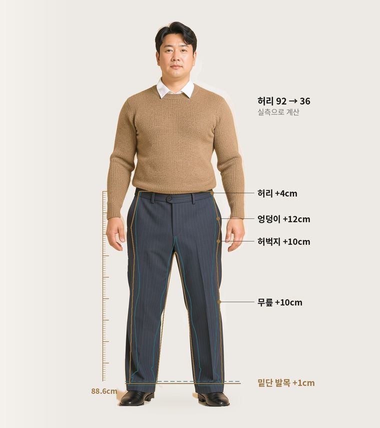 40대 남성 모델의 착장 위에 바지 실루엣과 허리·엉덩이·허벅지 여유분, 발목 기준 밑단이 그려진 핏 드로잉
